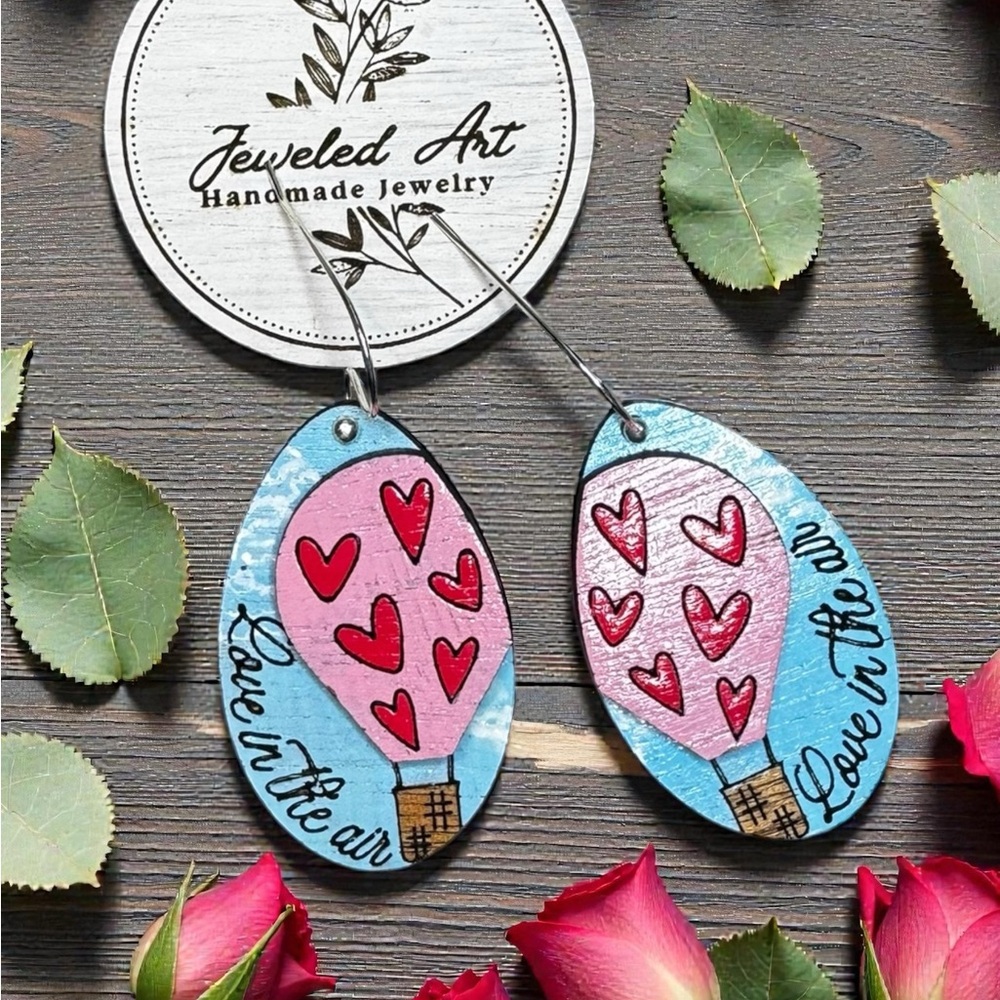 Jeweled Art Hand-Painted Love in the Air Balloon Earrings Wood Engraved - Picture 2 of 10